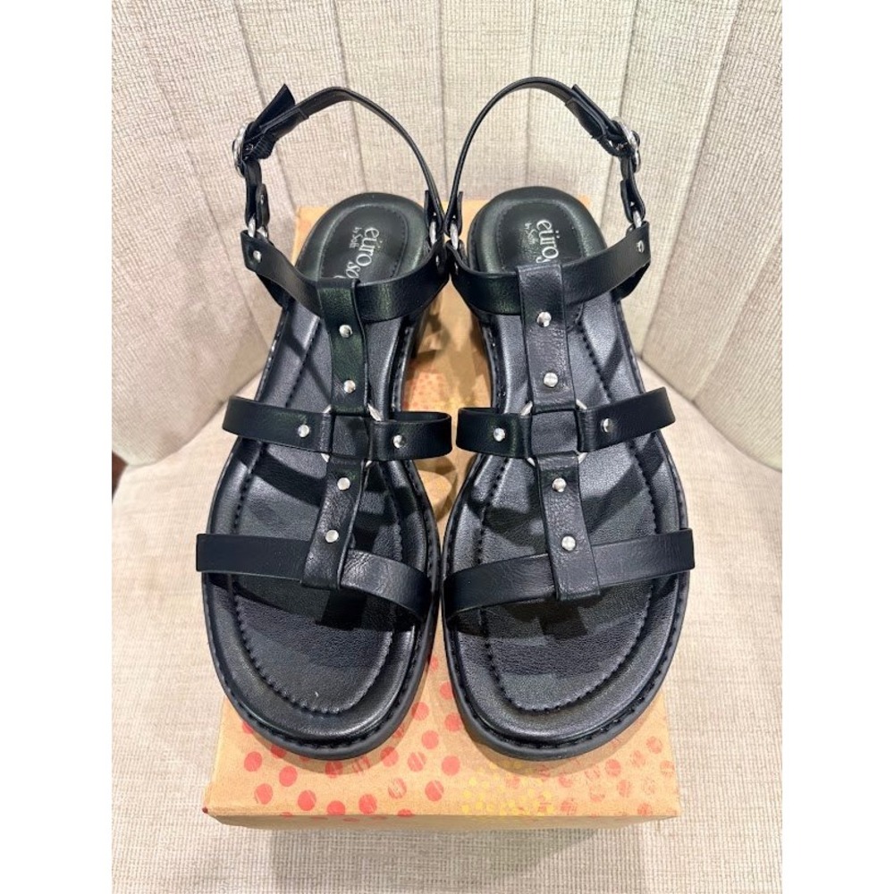 EuroSoft Nat Sandals Womens 10 Black Studded Strappy Gladiator Block Heel NEW